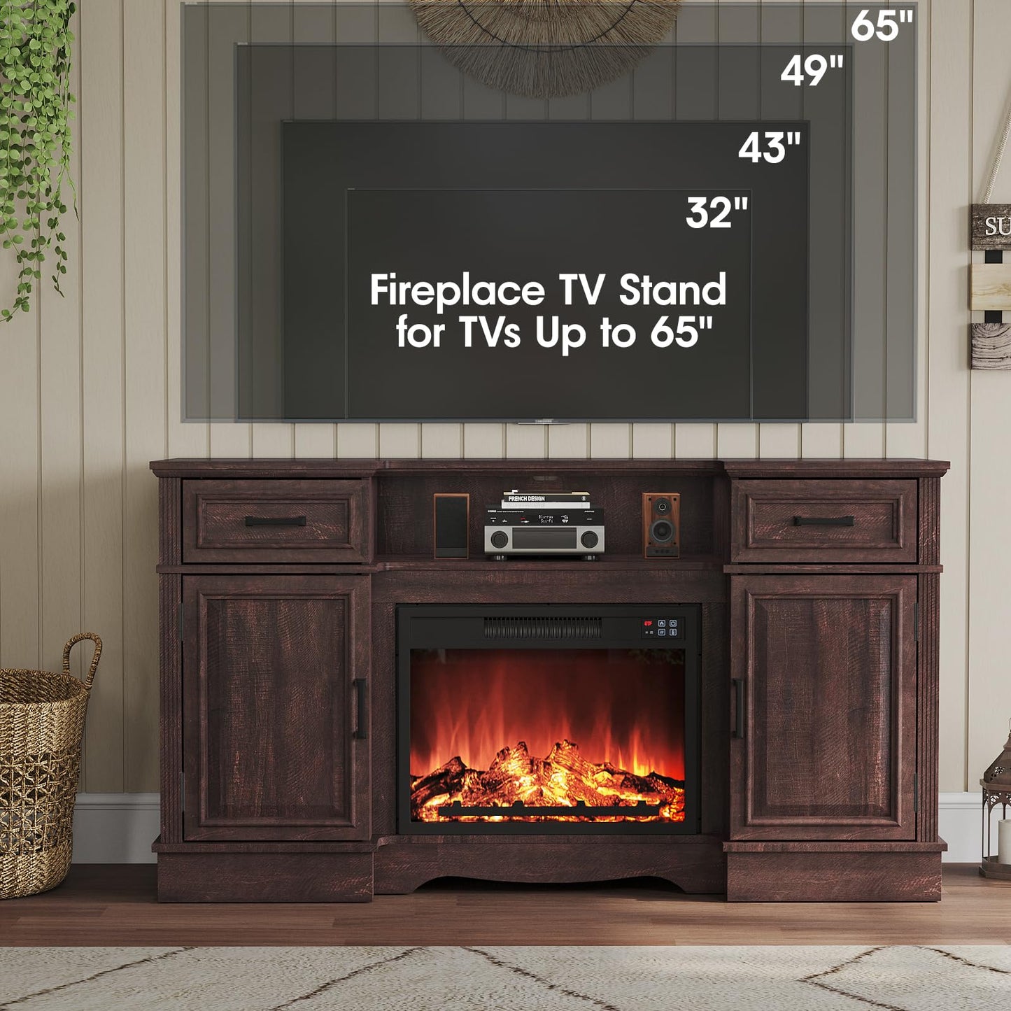 Maupvit Fireplace TV Stand for up to 65 inch TV, Entertainment Center with 23" Fireplace, Farmhouse TV Stands with Electric Fireplace, 2 Storage Cabinets, 2 Drawers for Living Room,Brown