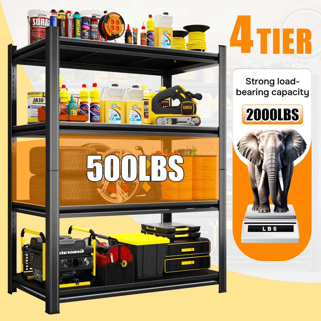 Leariso 4-Tier Heavy Duty Metal Garage Shelving Units, Adjustable & Detachable Storage Shelves, Industrial Steel Rack Shelf for Garage Storage, Tools, & Equipment (Black-63.00H*39.37W, 15.75D-4Tier) Leariso