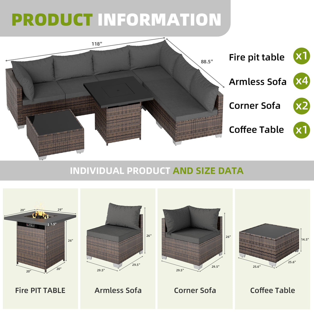 ELEGIBLISS 7/8-Piece Patio Conversation Set with Fire Pit Table, Outdoor All-Weather Rattan Sofa Sectional, Handwoven Wicker Furniture for Backyard, Easy Assembly & Weather-Resistant Design ELEGIBLISS