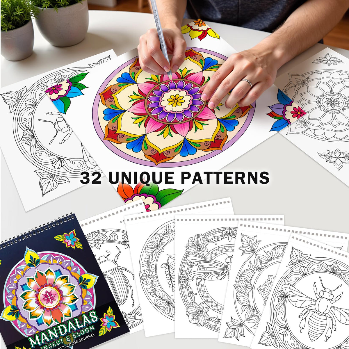 FUN LAVIE Adult Coloring Book 32 Mandala Coloring Books for Adults Relaxation and Teens Stress Relief, Featuring Mandalas Insect & Bloom Patterns for Women Mindfulness, Spiral Bound FUN LAVIE