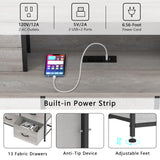 Welfuturer Grey Dresser with Power Outlets and LED Lights 13 Drawers Long Dresser for Bedroom Faux Leather Fabric Chest of Drawers for Living Room Hallway Entryway Closets Sturdy Frame Wood Top Welfuturer