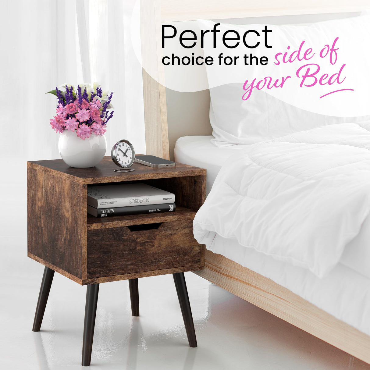 Lifetime Home 2 SET, Mid-Century Modern Nightstand, Wooden Table with Storage Drawer - Bedside Table for Bedroom or End Table for Living Room, Dark Natural Wood Accent Decor - Rustic Brown Lifetime Home