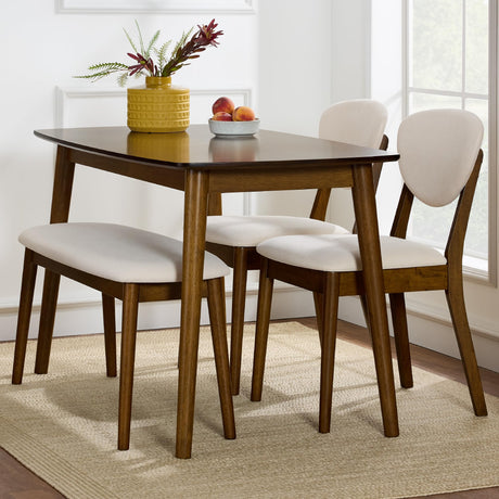 Best Choice Products 4-Piece Mid-Century Modern Wood Dining Kitchen Table & Chair Set w/ 2 Upholstered Chairs, Bench Seat - Walnut/Cream Best Choice Products