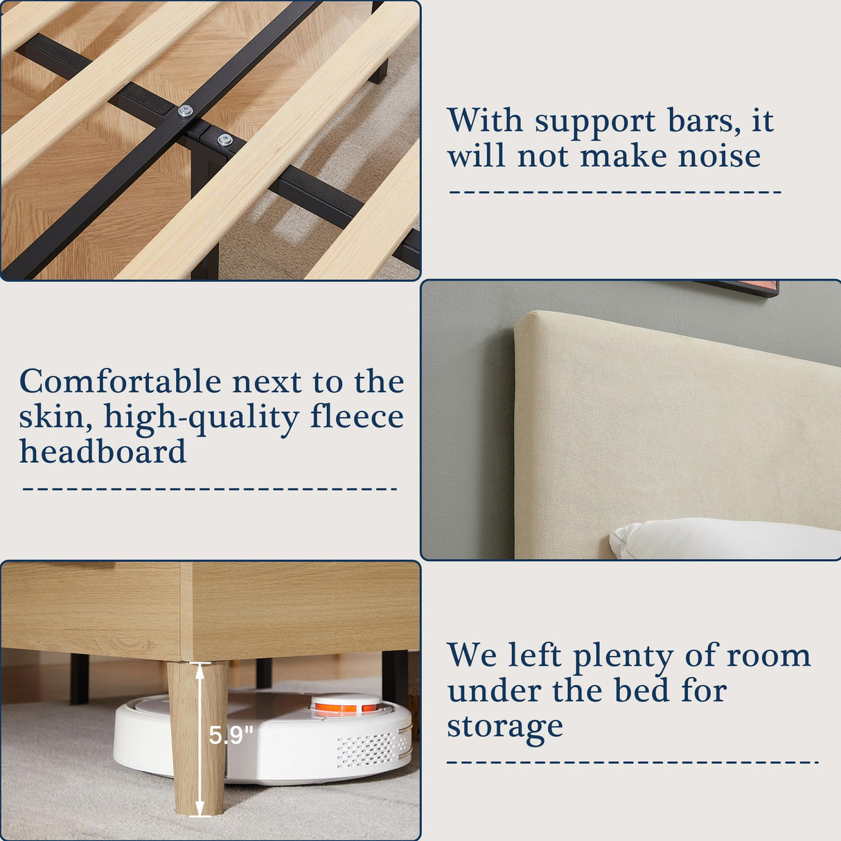 VECELO Adjustable Upholstered Full Bed Frame with Heavy-Duty Slats and Noise-Free Design VECELO