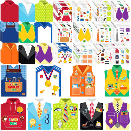 Colarr 45 Pcs Father's Day Card Making Kits Kids Father's Day DIY Crafts Cards DIY Father's Day Shirt Greeting Card with Stickers Handmade Card Making Crafting Kit for Father's Day Party Supplies Colarr
