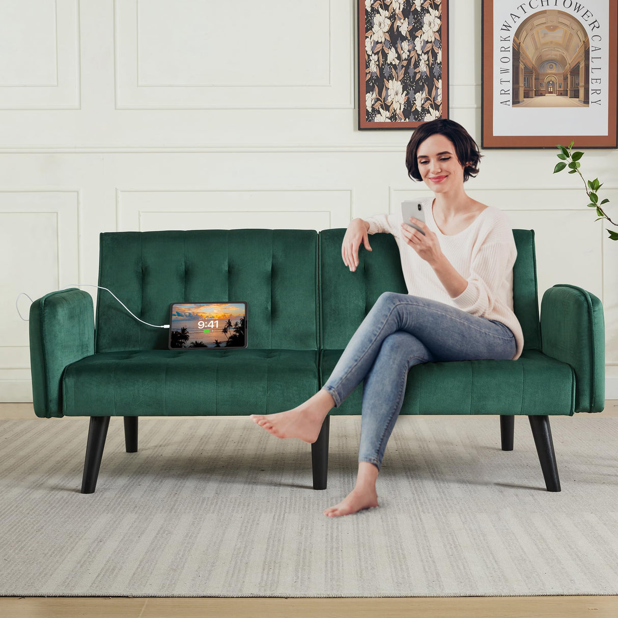 TYBOATLE 65" W Velvet Modern Convertible Folding Futon Couch Sofa Bed w/ 2 USB Charging Ports and arms, Loveseat for Living Room, Office, Apartment, Bedroom (Green) TYBOATLE