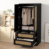 MJADUE Wood Wardrobe Closet with 2 Doors and Drawers, Wooden Closet Storage Cabinet with Gold Handles for Clothes, Rattan Freestanding Wardrobe Cabinet for Bedroom/Apartment,Black MJADUE