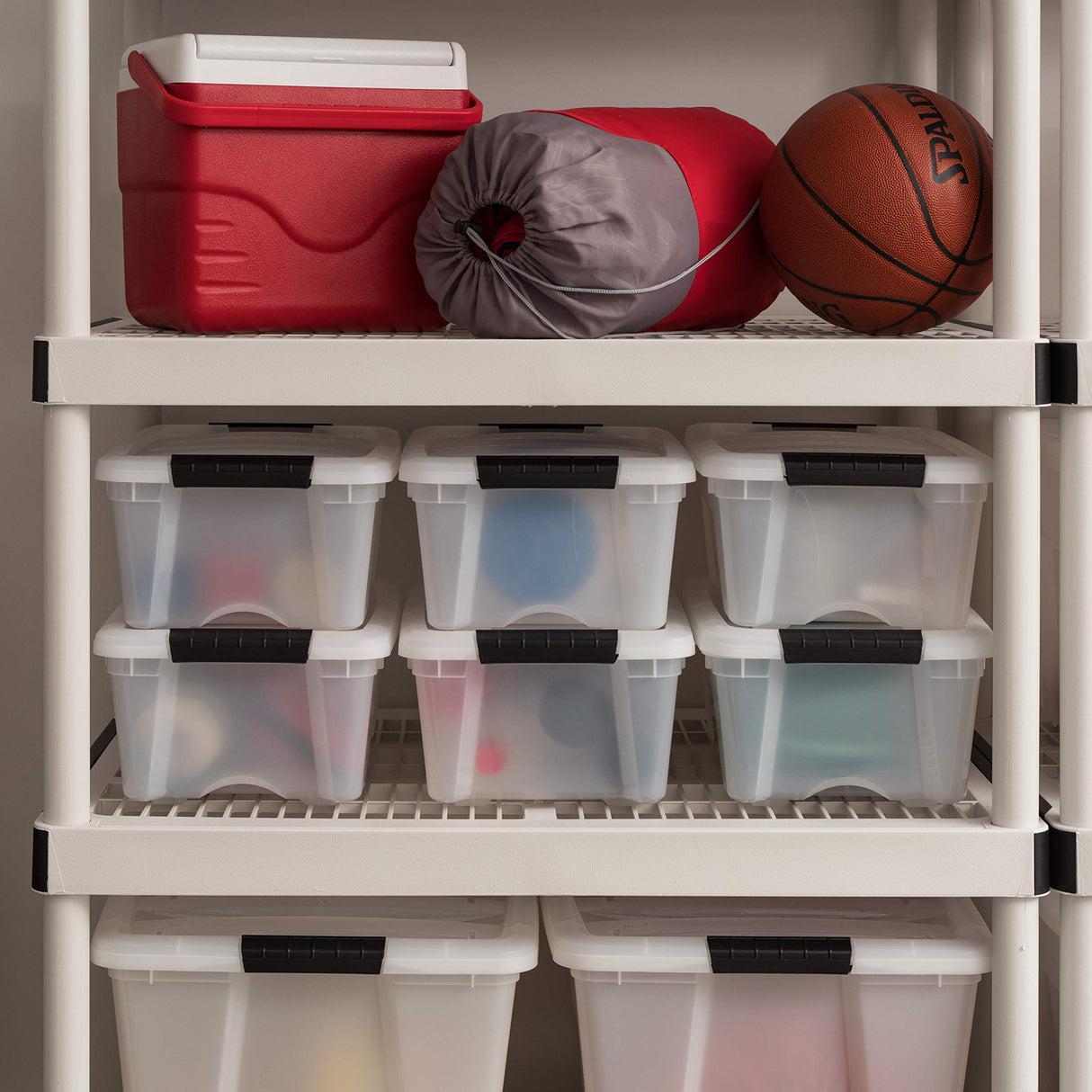 IRIS USA 13 Qt Stackable Plastic Storage Bins with Lids, 6 Pack - BPA-Free, Made in USA - Discreet Organizing Solution, Latches, Durable Nestable Containers, Secure Pull Handle - Pearl Iris Ohyama