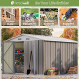 Patiowell 8x10 FT Outdoor Storage Shed, Large Garden Tool Metal Shed with Sloping Roof and Double Lockable Door, Outdoor Sheds for Backyard Garden Patio Lawn,Grey Patiowell