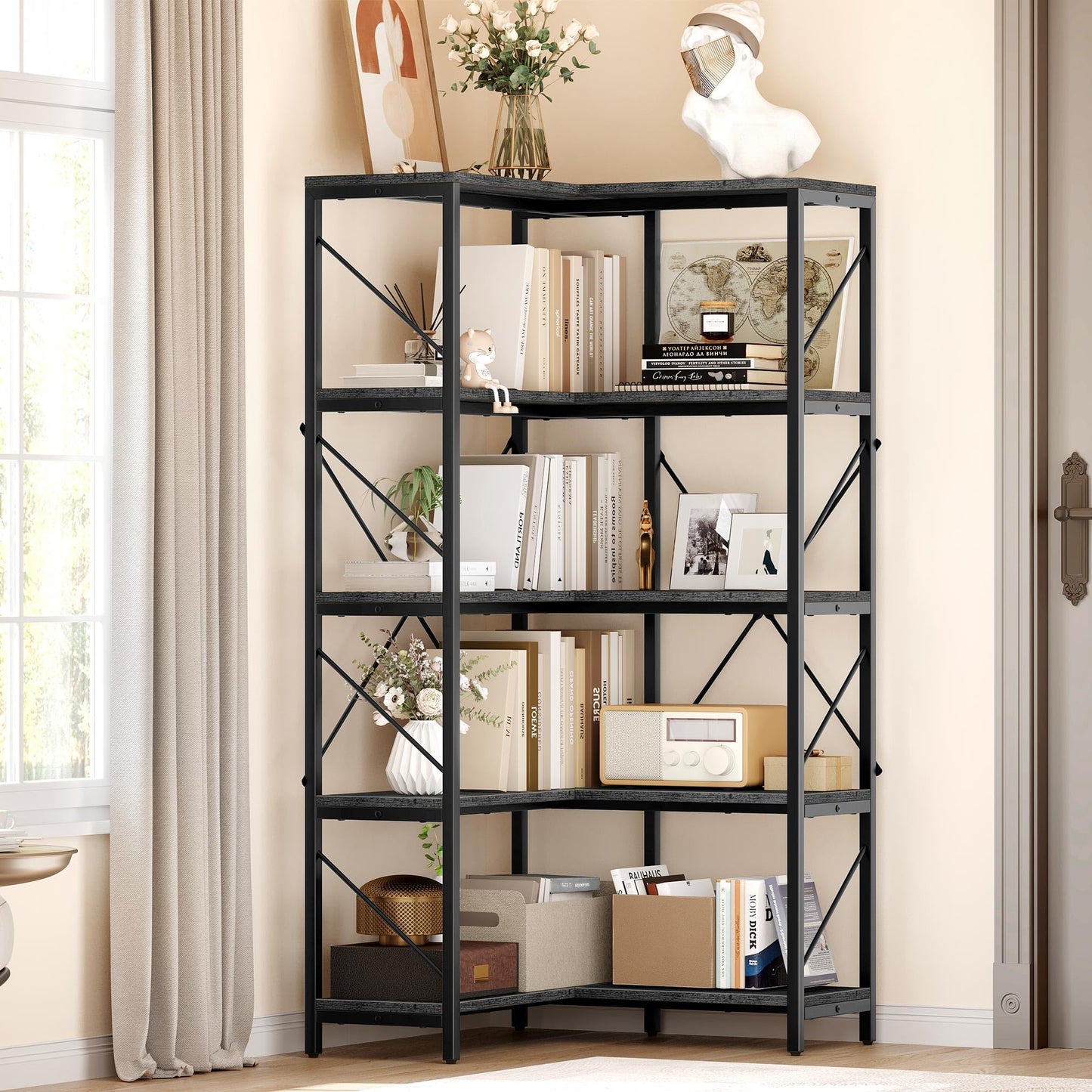 YITAHOME 5-Tier Industrial Corner Bookshelf in Charcoal Gray and Black - WoodArtSupply