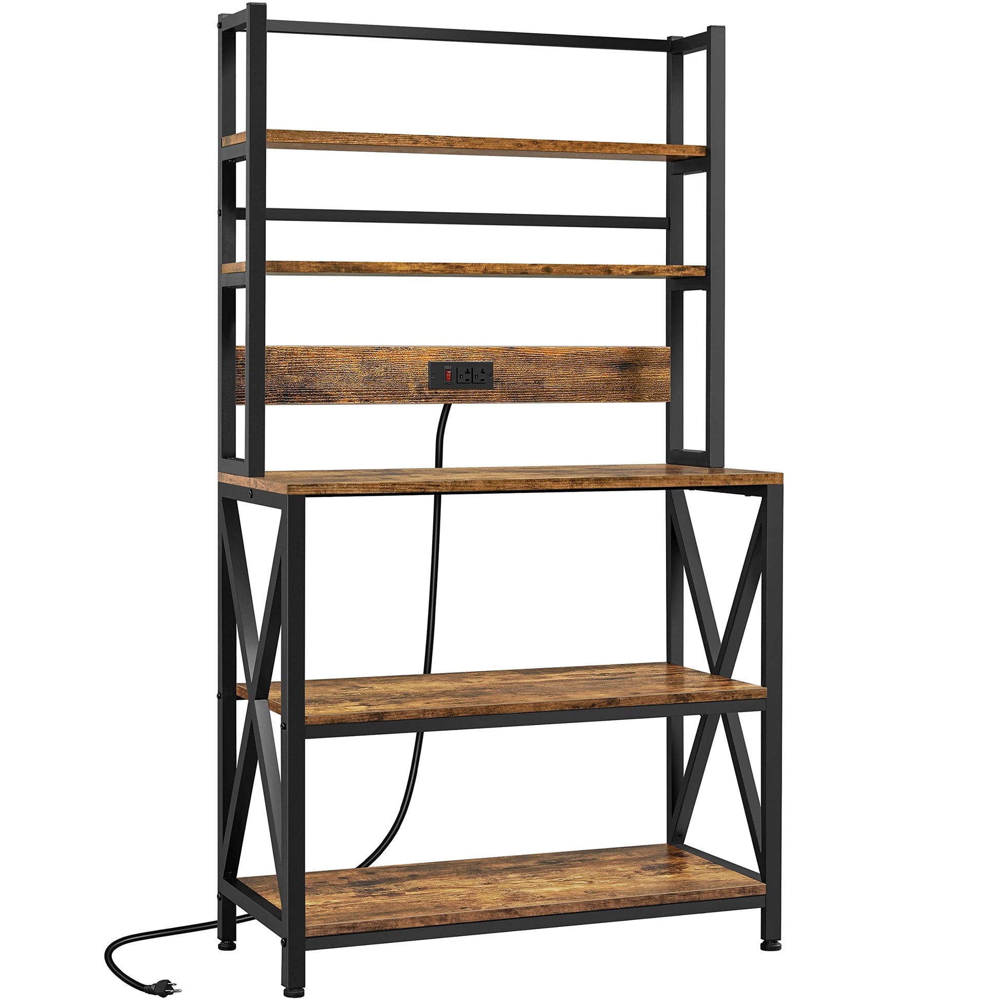 Yaheetech Rustic Brown Kitchen Bakers Rack with Power Outlet and 5-Tier Utility Storage Shelf - WoodArtSupply