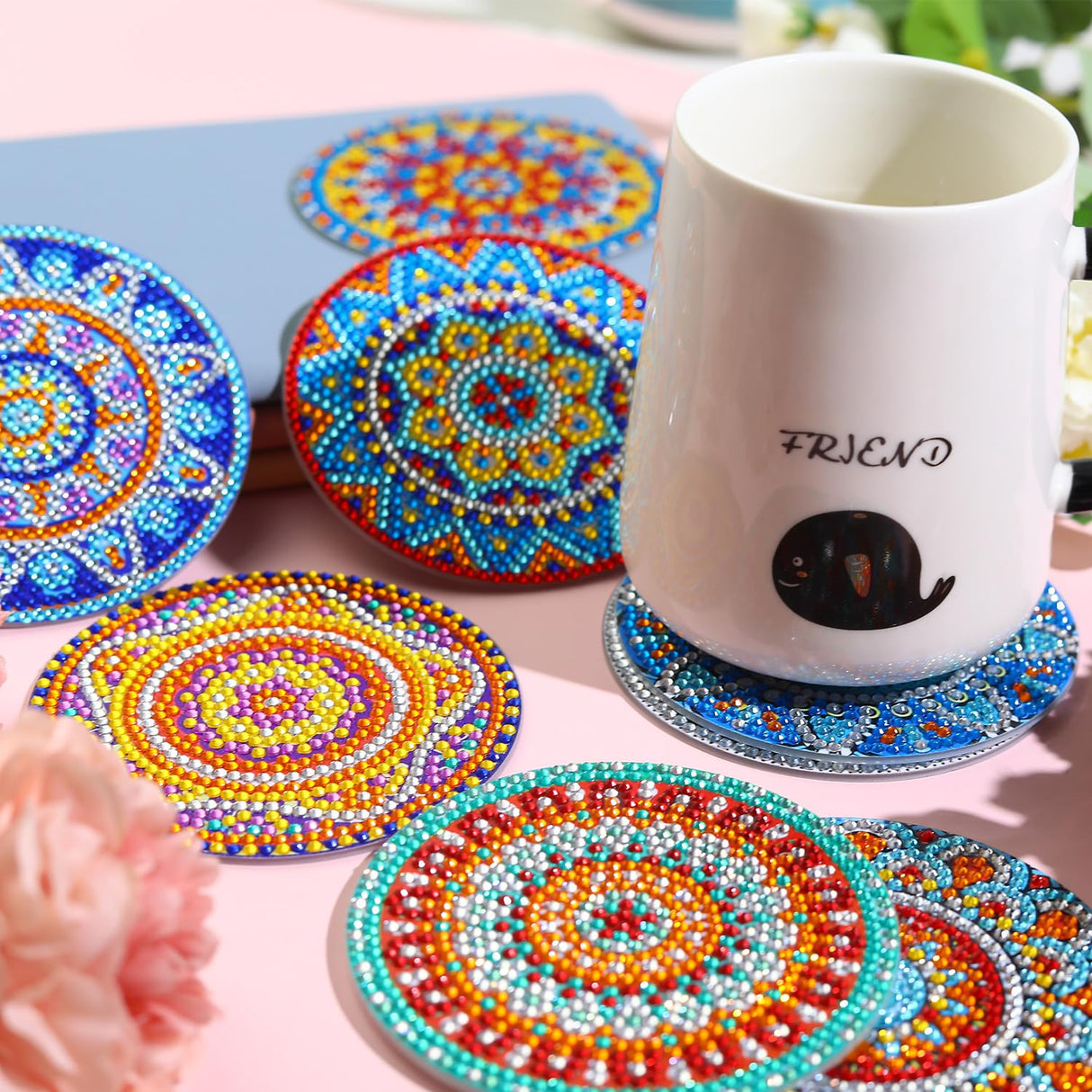8 PCS Mandala Diamond Art Coasters Kits, Boho Diamond Painting Coasters with Holder Set of 8, DIY Drink Coasters Art Crafts Supplies for Adults Cup Mat for Home Decor House Warming Gifts 3.9inch FOXKISS