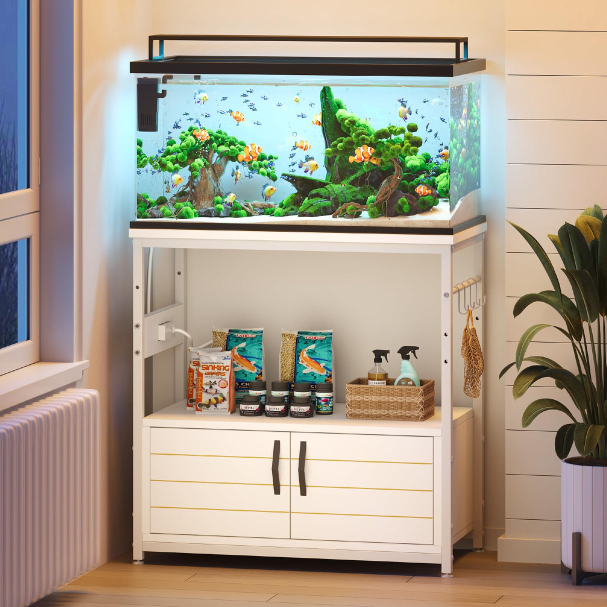 Bestier 20-29 Gallon Fish Tank Stand with Power Outlets, Metal Long Aquarium Stand with Storage Cabinet, 31x15 Reptile Terrarium Stand with Horizontal Gold Line, Stainless Hooks, 350 Lbs(White) Bestier