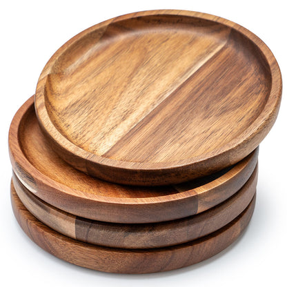 Kitchen Dinner Plate Set of 4, James.F 6.7” Small Round Acacia Wooden Serving Tray and Plates for Coffee, Tea, Snacks, Deserts, Appetizer, Wood Candle Holder Tray Home Decor, Table Centerpieces