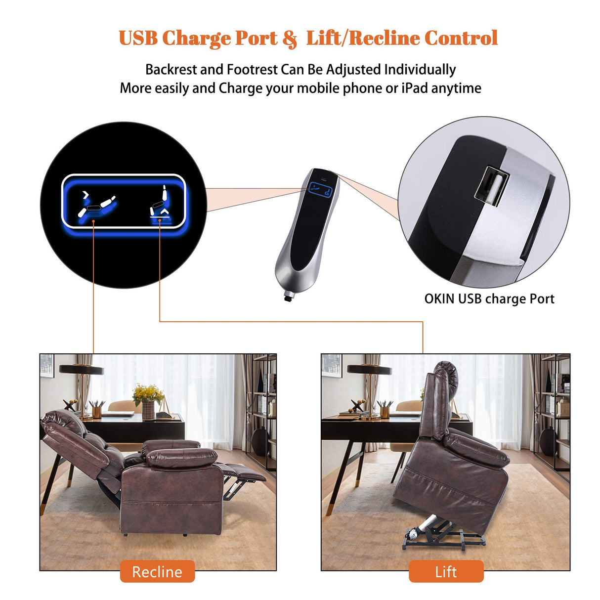 S*MAX Lift Chairs Recliners for Elderly Power Recliner Chairs Full Air Leather Electric Recliner Chairs Side Pockets USB Charge Port and Remote Control Power Lift Recliners Brown S*MAX