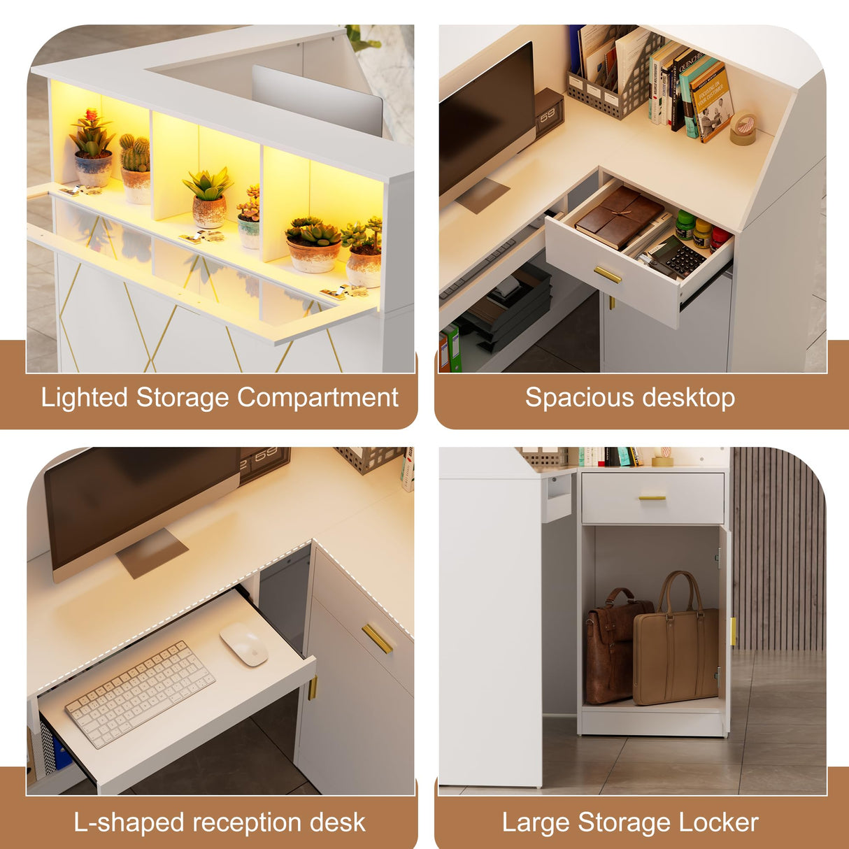 PAKASEPT Reception Desk with LED Lights, L-Shaped Modern Front Desk with Glass Display Shelf, Reception Counter Table for Lobbies, Salons, Retail, Home Offices (White) PAKASEPT