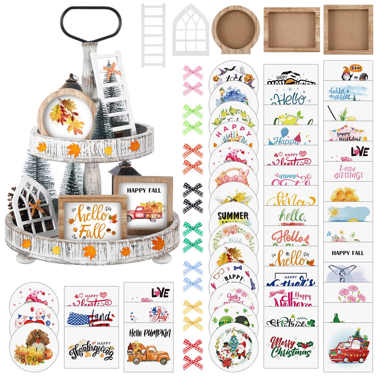 Bencailor 48 Pcs Interchangeable Seasonal Farmhouse Tiered Tray Decor Set Include Wood Frames with Ladders Cards Bow Knot,Tray Not Included(Year Round Seasonal) Bencailor
