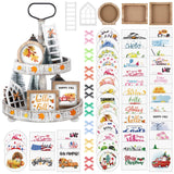 Bencailor 48 Pcs Interchangeable Seasonal Farmhouse Tiered Tray Decor Set Include Wood Frames with Ladders Cards Bow Knot,Tray Not Included(Year Round Seasonal) Bencailor