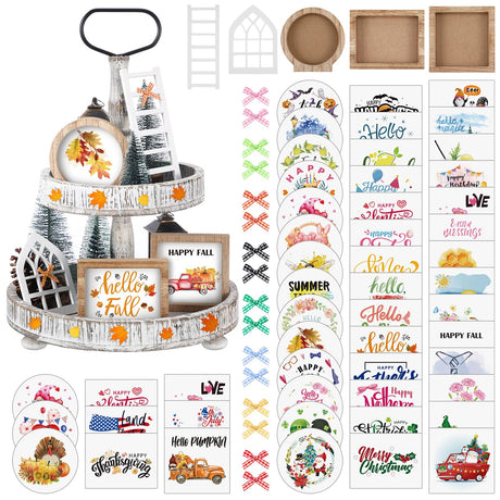 Bencailor 48 Pcs Interchangeable Seasonal Farmhouse Tiered Tray Decor Set Include Wood Frames with Ladders Cards Bow Knot,Tray Not Included(Year Round Seasonal) Bencailor