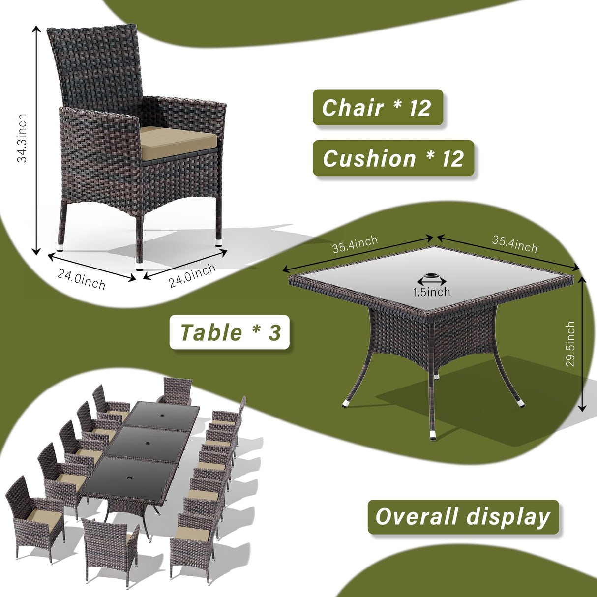 RTDTD 15 Pieces Patio Dining Set Outdoor Rattan Furniture Dinning Set with 3 Square Glass Tabletops 12 Chairs with Brown Cushions for Patio, Backyard Outdoor Kitchen Lawn & Garden RTDTD