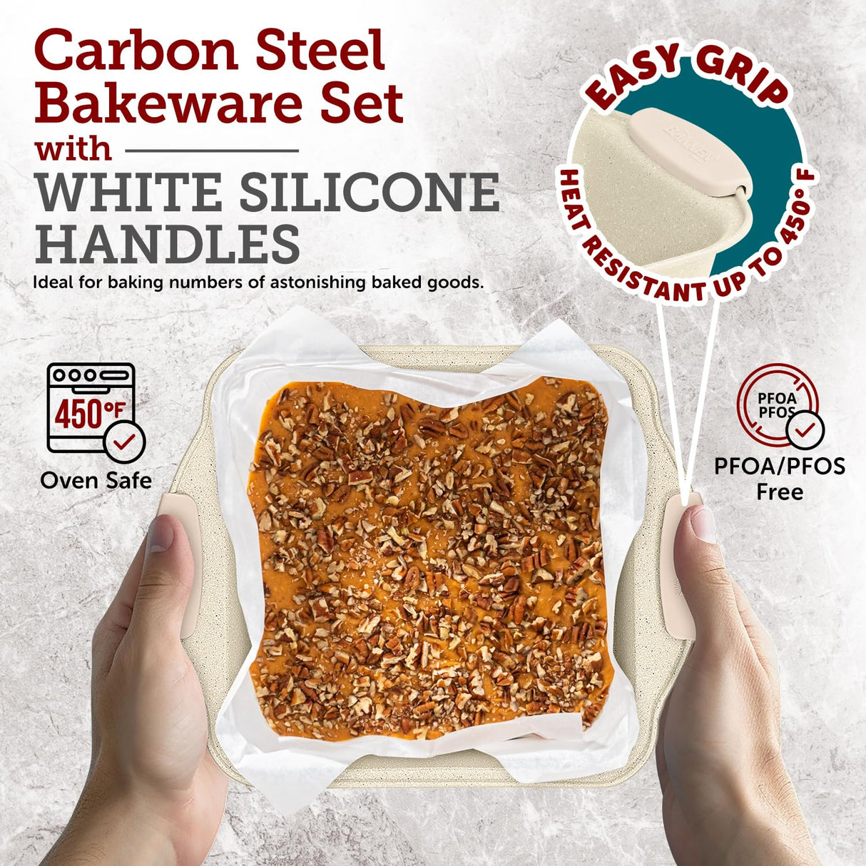 BAKKENMASTER 6-Piece Deluxe Nonstick Baking Pan Set - Professional Grade Carbon Steel Bakeware with White Marble Coating & Silicone Handles BAKKENMASTER