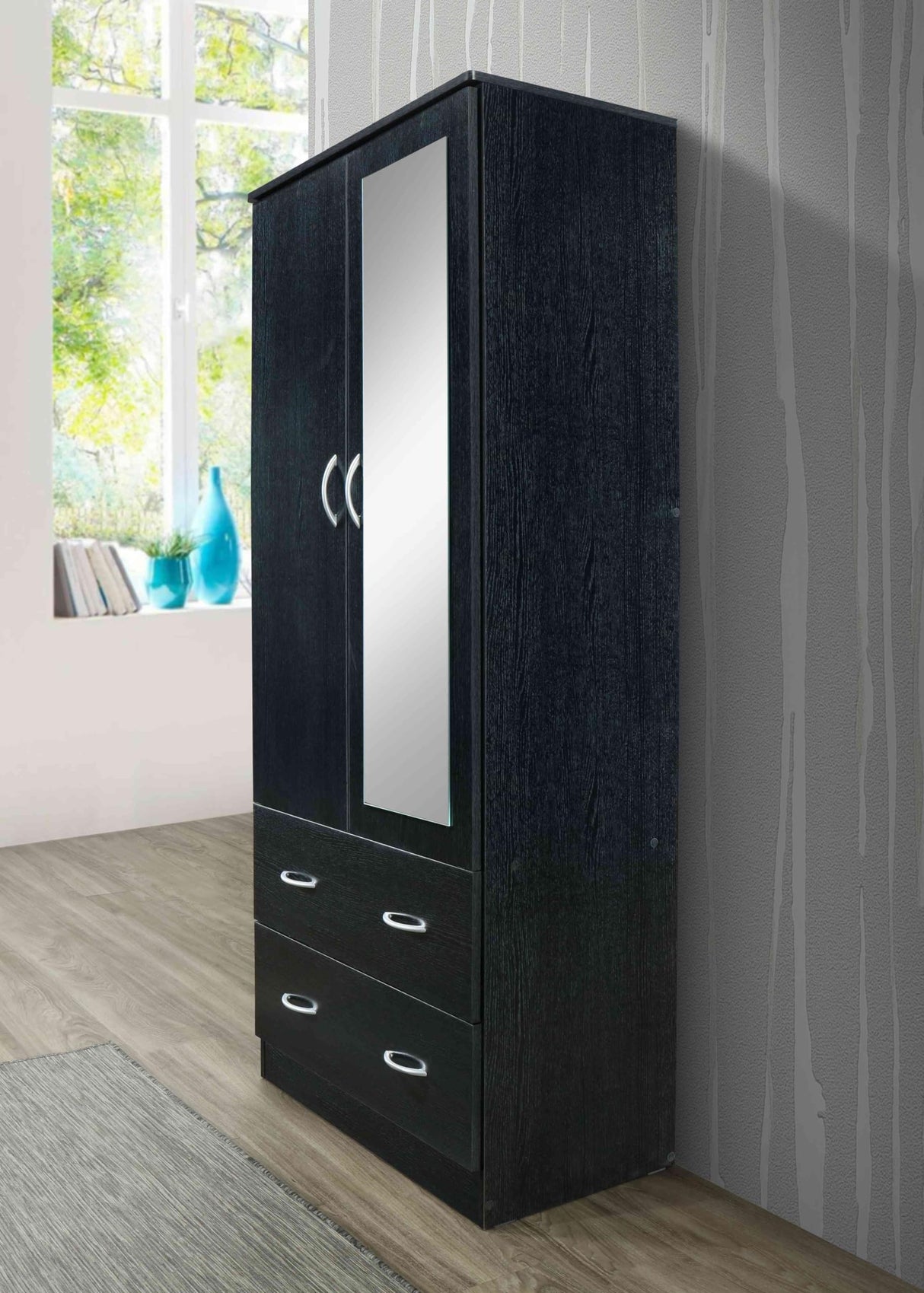 HODEDAH 2 Door Wood Wardrobe Bedroom Closet with Clothing Rod inside Cabinet, 2 Drawers for Storage and Mirror, Black Hodedah