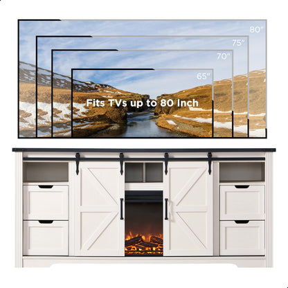 JXQTLINGMU Fireplace TV Stand for 80 Inch TV, Farmhouse Entertainment Center with 36" Fireplace, Modern Media Console with Sliding Barn Door & Storage Drawers for Living Room, Off White