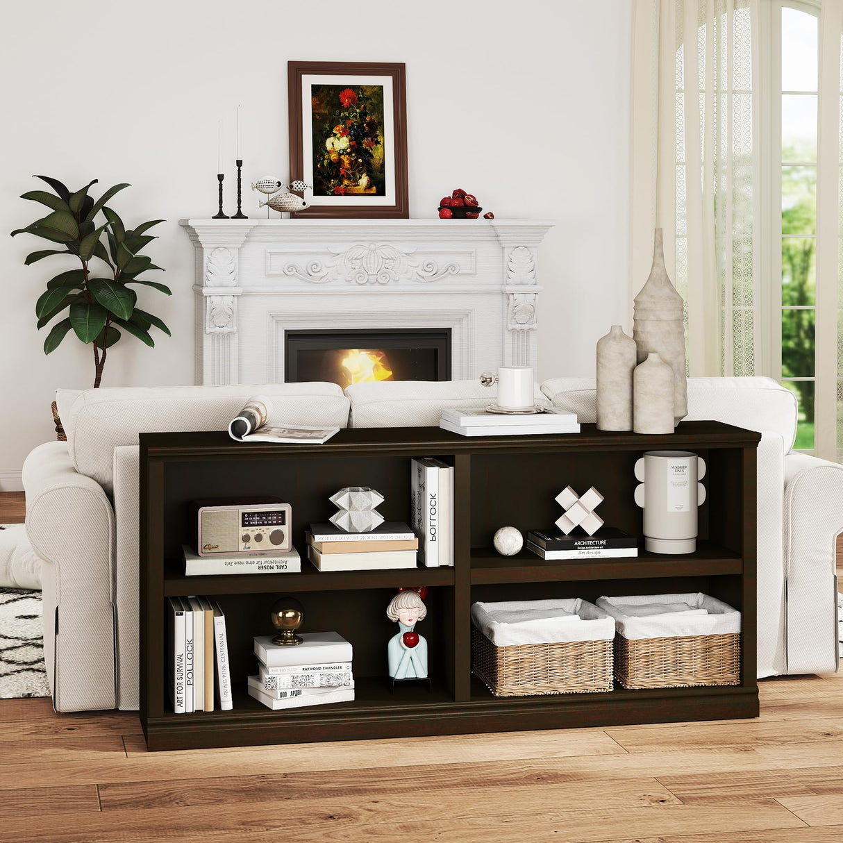 blini Low Horizontal Bookshelf Double Wide 64" 2-Tier Bookcase 4 Cube Storage Organizer Cherry Wood Bookcases for Bedroom and Home Office Decor Display blini