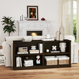 blini Low Horizontal Bookshelf Double Wide 64" 2-Tier Bookcase 4 Cube Storage Organizer Cherry Wood Bookcases for Bedroom and Home Office Decor Display blini