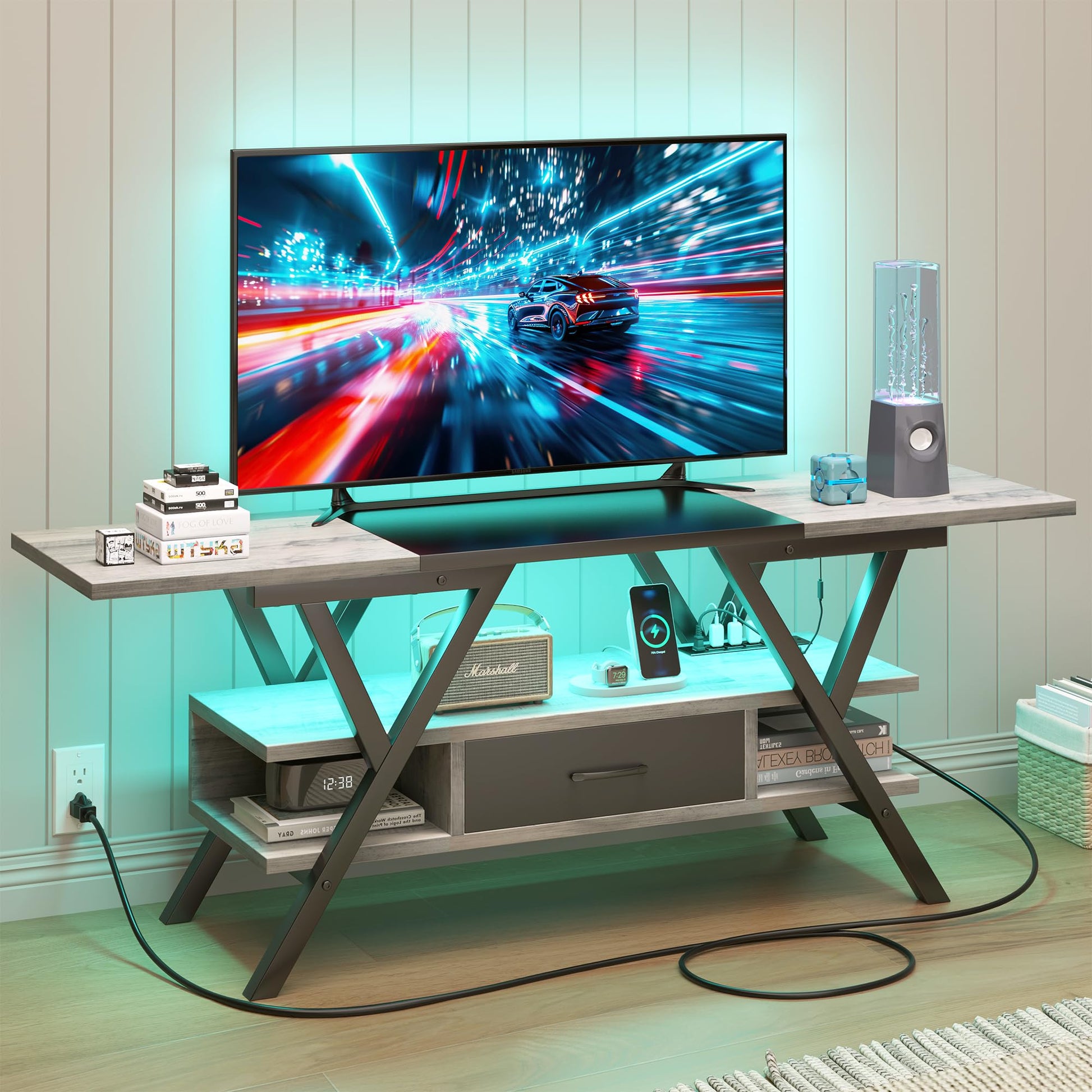 Yusong 65 inch LED TV Stand, Entertainment Center Gaming TV Table with Outlets, Up to 65" Media Console for Living Room, 29+DIY Dynamic RGB Modes, Greige and Black - WoodArtSupply