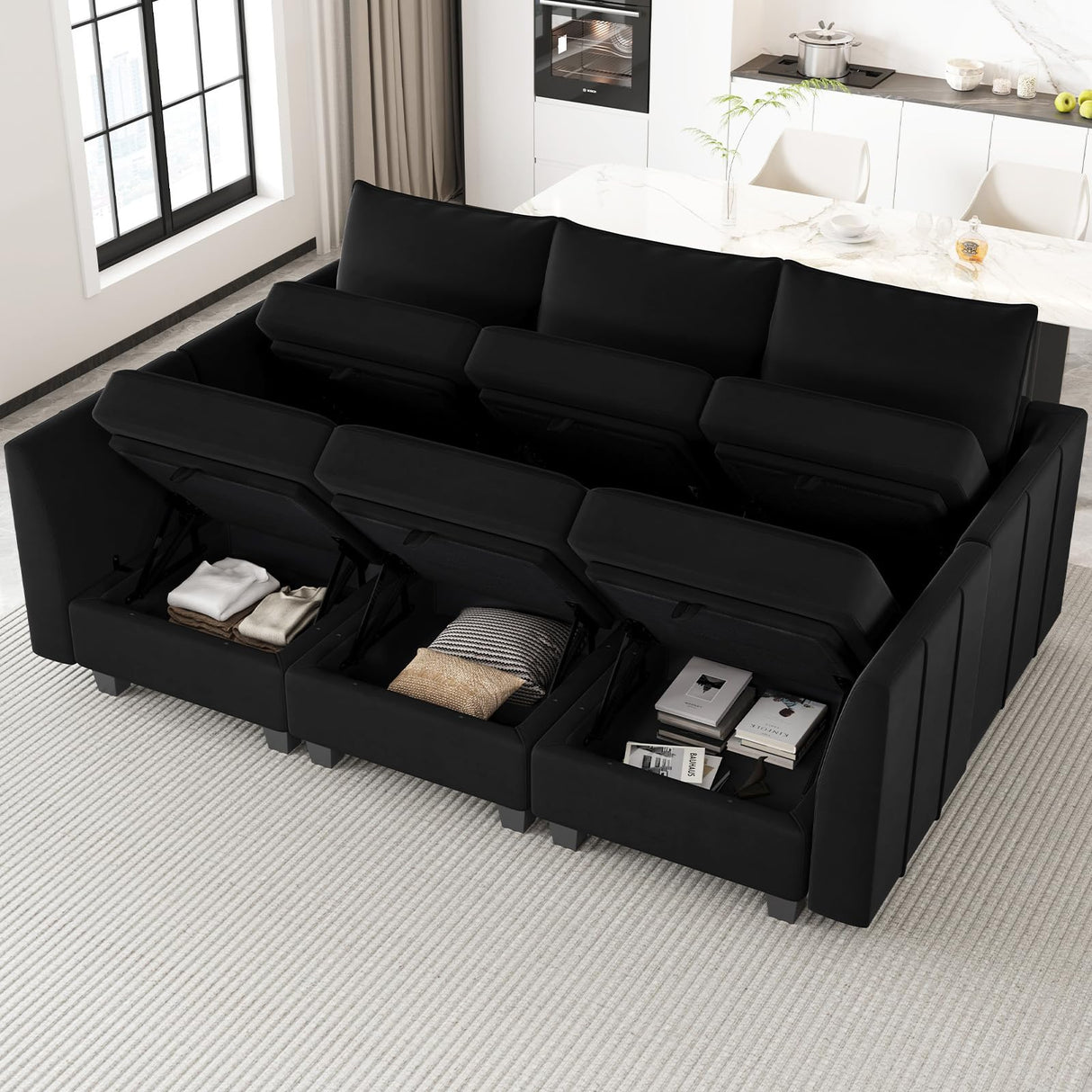 Belffin Modular Sectional Sofa Sleeper Couch with Storage Velvet Sectional Sofa Bed, 6 Seats, Black Belffin