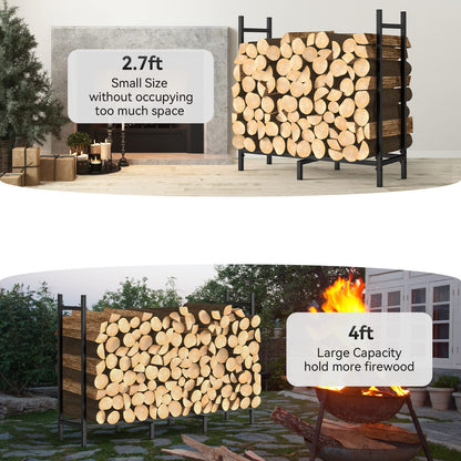 NANANARDOSO 4ft Firewood Rack Outdoor Fire wood Holder for Fireplace Wood Storage, Bottom Widening, Heavy Duty Fire Log Stacker Stand for Indoor Fireplace Metal Lumber Storage Carrier Organizer