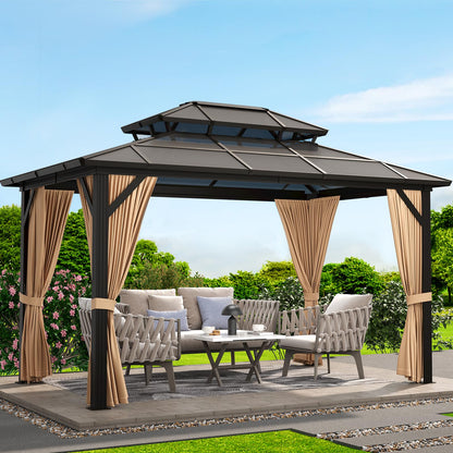 GAOMON 10'x13' Hardtop Gazebo, Outdoor Polycarbonate Double Roof Canopy, Aluminum Frame Permanent Pavilion with Curtains and Netting, Sunshade for Garden, Patio, Lawns (10x13ft)