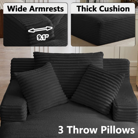 50" Boneless Couch, Oversized Chaise Lounge Sofa, Corduroy Chaise Lounge Chair Indoor with Comfy Pillows for Living Room Bedroom, Foam Filling, No Assembly (Black) Nahenduo