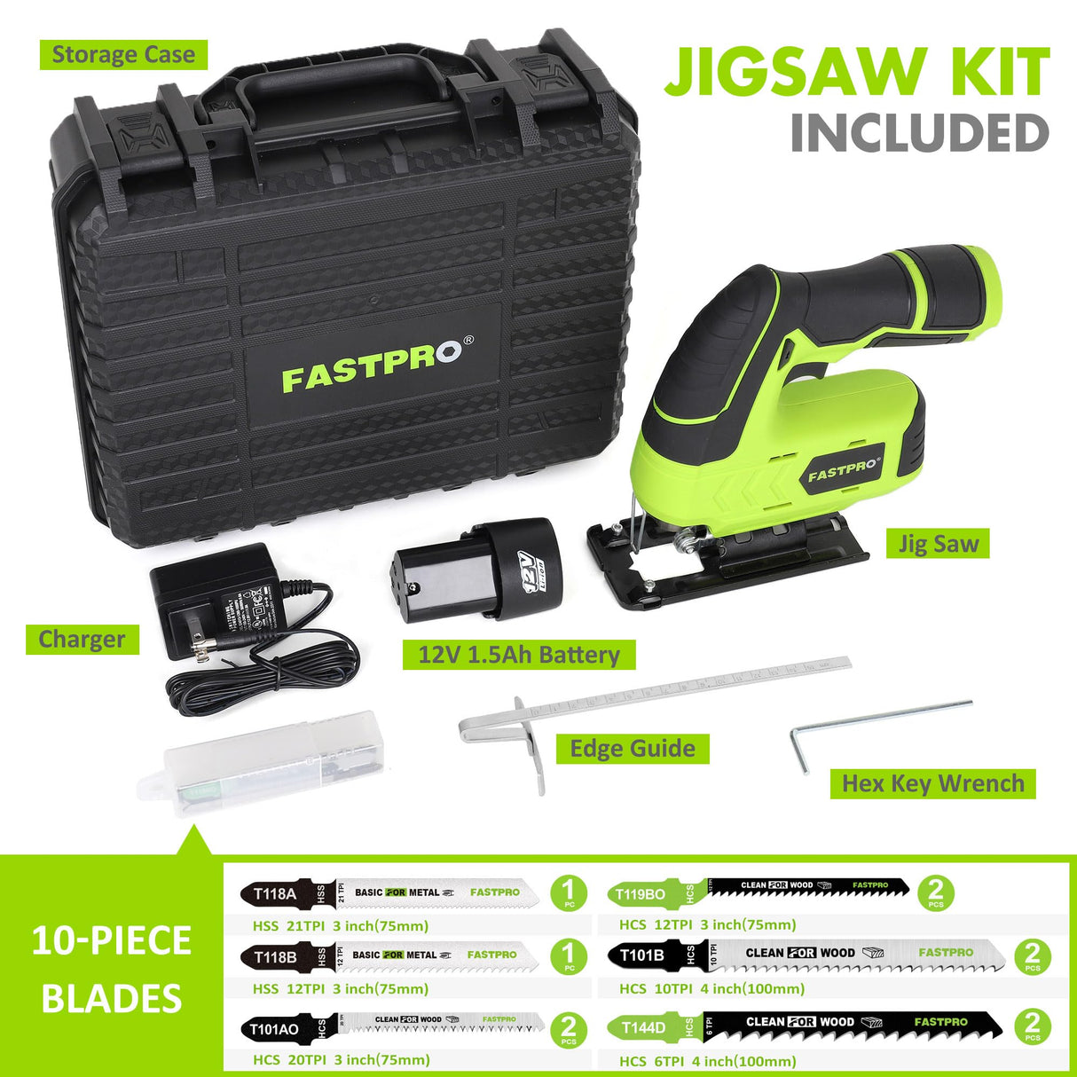 FASTPRO 12V Cordless Jig Saw Kit, Electric Jigsaw with 10pcs Blades & Edge Guide, Included 1.5 Ah Battery, Charger and Storage Case FASTPRO