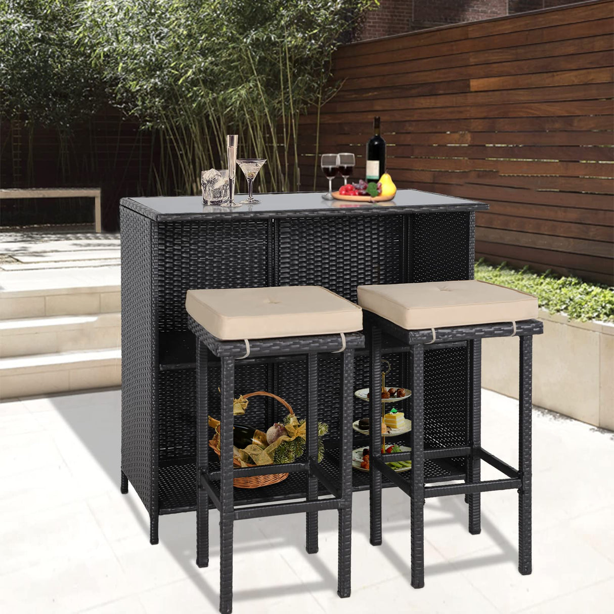 Crownland 3-Piece Wicker Patio Outdoor Bar Set, 2 Stools and 1 Glass Top Table, Bistro Set, Brown Furniture for Deck, Lawn, Backyard Crownland