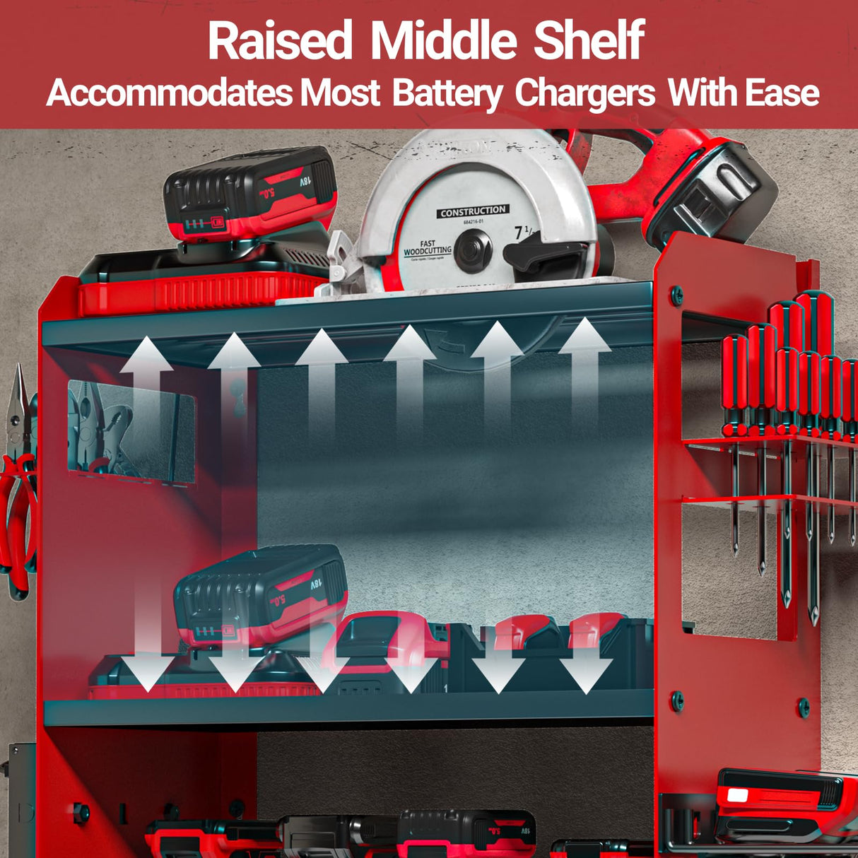 YYR Power Tool Organizer Wall Mount with Charging Station, Cordless Tools Hanger and Battery Storage Rack for Garage Organization, Heavy Duty Drill Holder Shelf Build in Metal Power Strip - Red YYR