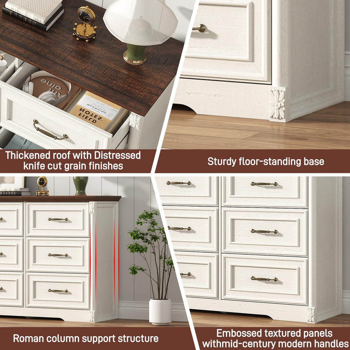 Farmhouse Wood 9 Drawer Dresser for Bedroom,Embossed Roman Column Wood Rustic 63 Inch Wide Dresser & Chest of Drawers with Rustic Handles,Tall Storage Organizer for Bedroom(Antique White) chartustriable