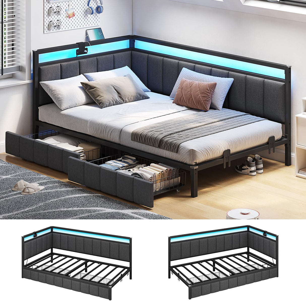 Hasuit Corner Bed Frame with Storage Drawers, Twin Daybed with Line Fabric Upholstered Fence, Kids Bed Unit with LED Light and Charging Station, Modern Bed Frame Twin Size, Gray Hasuit