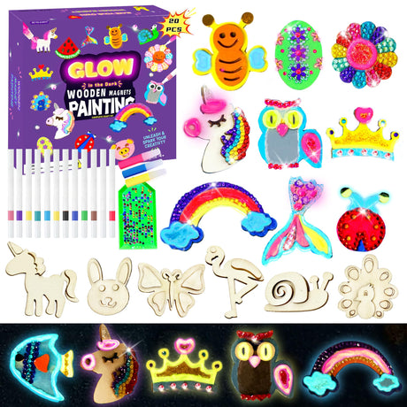 Wooden Magnet Kids Painting Kit - Glow in The Dark - Diamonds DIY Wood Painting Arts Crafts Kit for Kids Age 4-8 8-12, Party Favors Birthday Easter Toys Basket Goodie Bag Stuffers for Boys Girls See You Always