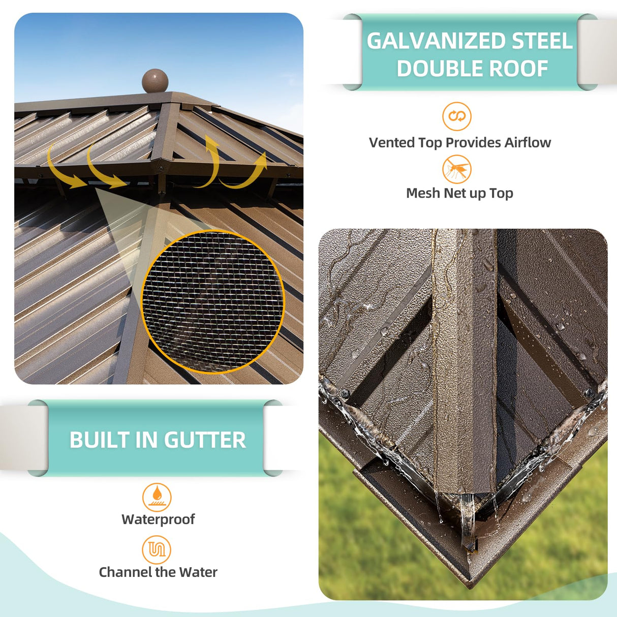 MELLCOM 12' x 24' Hardtop Gazebo,Galvanized Steel Metal Double Roof Aluminum Gazebo with Curtain and Netting,Brown Permanent Pavilion Gazebo with Aluminum Frame for Patios,Gardens,Lawns MELLCOM