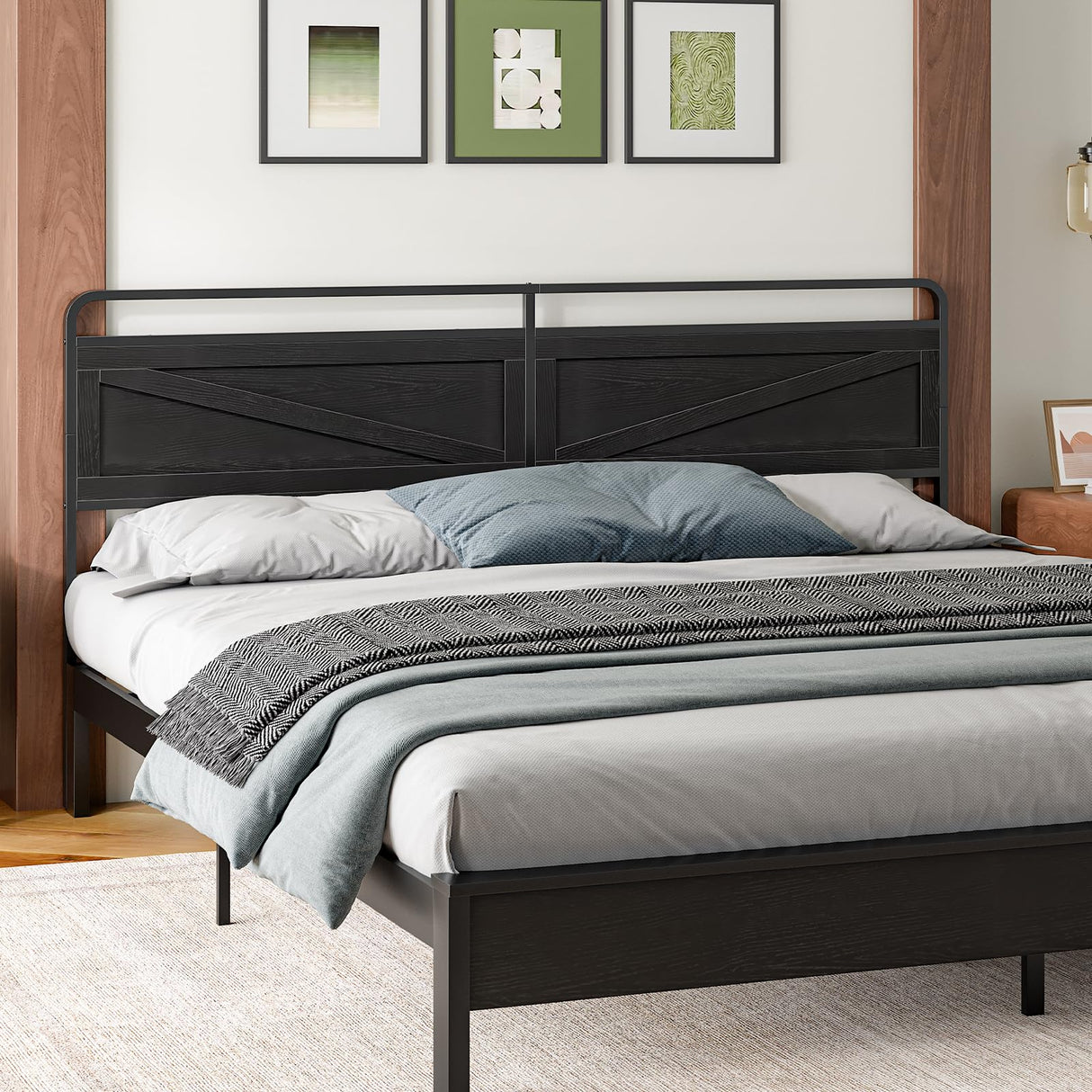 HOOBRO Wooden Panel Headboard, King Headboard, Minimalist Head Board with Metal Frame, Height Adjustable, with Bed Frame Adapter, Black HOOBRO