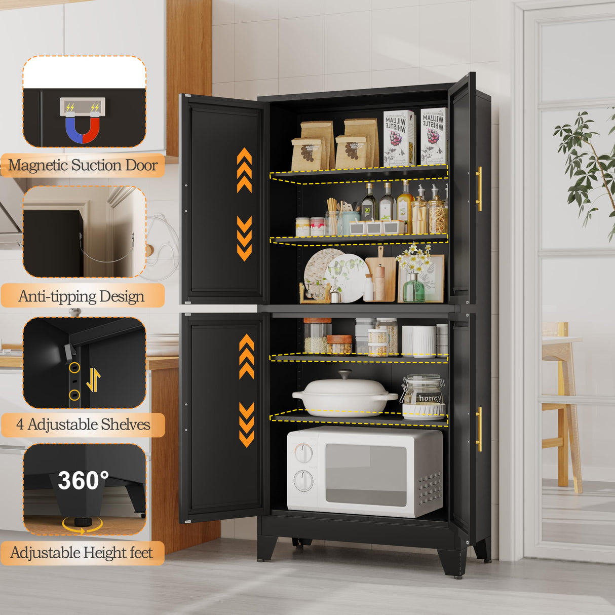 GAIOUS 75.2" Tall Metal Pantry Cabinet, Storage Cabinets with 4 Door and 4 Adjustable Shelves, Black Kitchen Pantry Storage Cabinet, Freestanding Cupboard for Kitchen Dining Room Living Room Bathroom GAIOUS