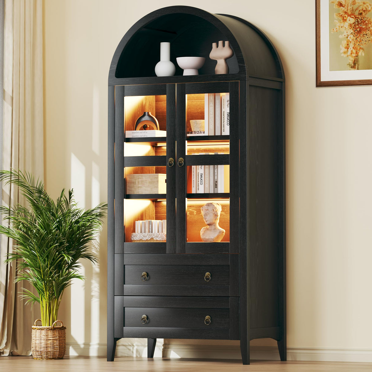HUAHUU 71" Tall Kitchen Pantry Cabinet, Arched Cabinet with LED Lights, Kitchen Storage Cabinets with 2 Large Drawers & Adjustable Shelves & Glass Door for Living Room, Dining Room, Black HUAHUU