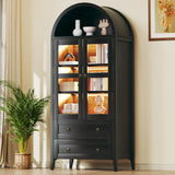 HUAHUU 71" Tall Kitchen Pantry Cabinet, Arched Cabinet with LED Lights, Kitchen Storage Cabinets with 2 Large Drawers & Adjustable Shelves & Glass Door for Living Room, Dining Room, Black HUAHUU