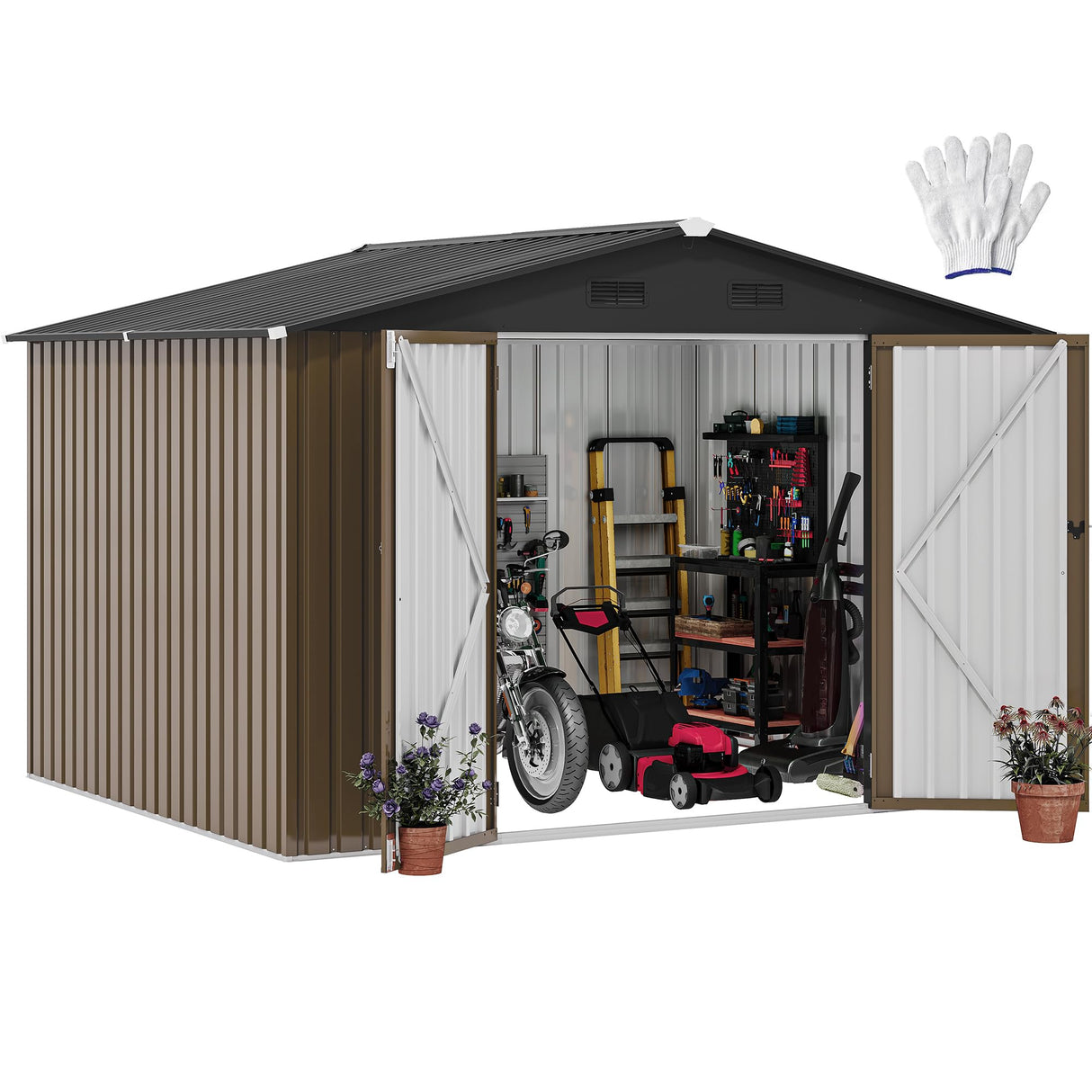 DWVO 10x8FT Outdoor Storage Shed, Spacious Metal Tool Shed with Lockable Doors & Ventilation for Patio, Lawn, and Backyard, Ideal for Storing Garden Equipment, Lawnmowers, and Bicycles, Brown DWVO