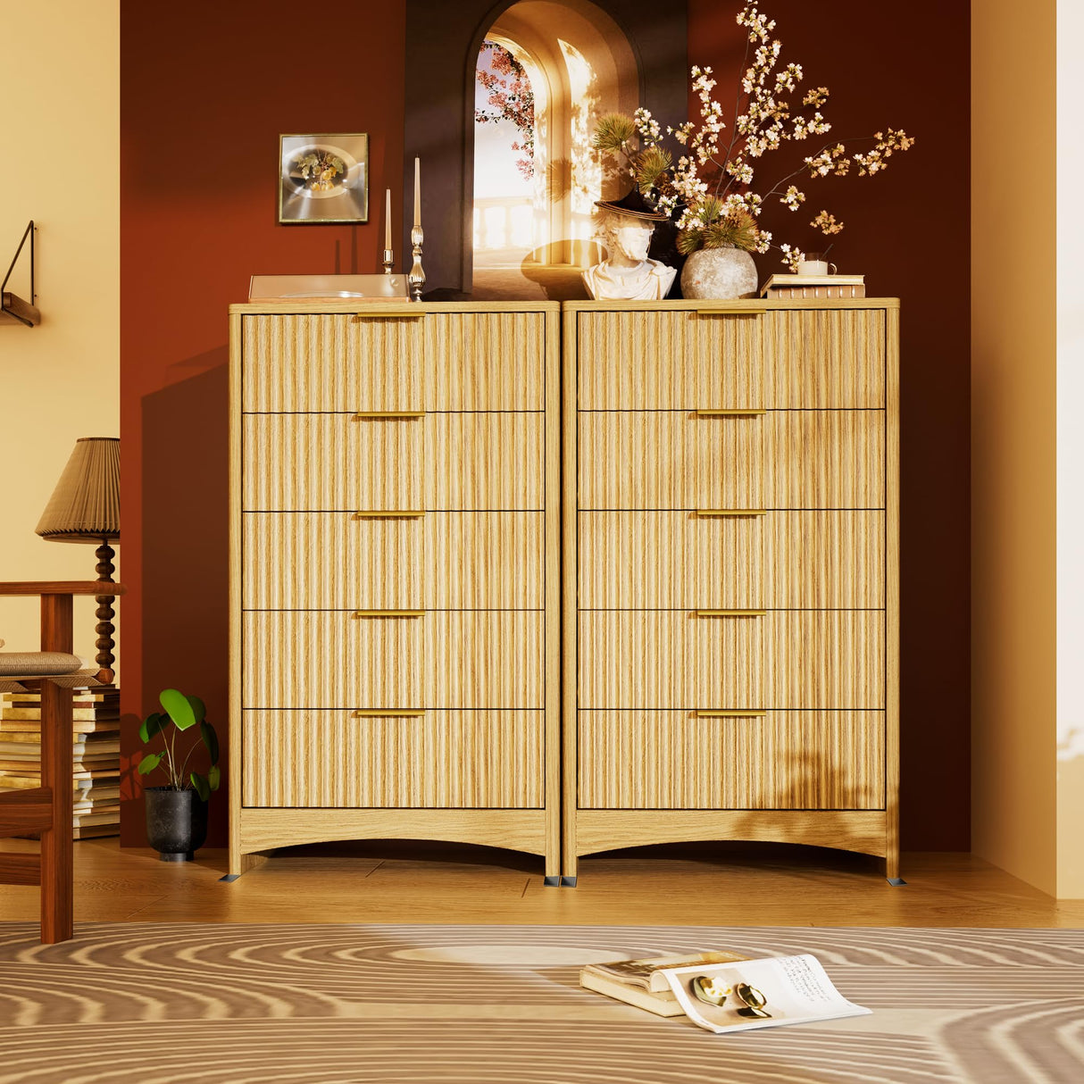 Marsail Fluted 5-Drawer Tall Wooden Dresser, Smooth Gliding Drawers & Large Capacity Storage Space, Modern Organizer Cabinet for Bedroom or Hallway, Natural Oak Marsail