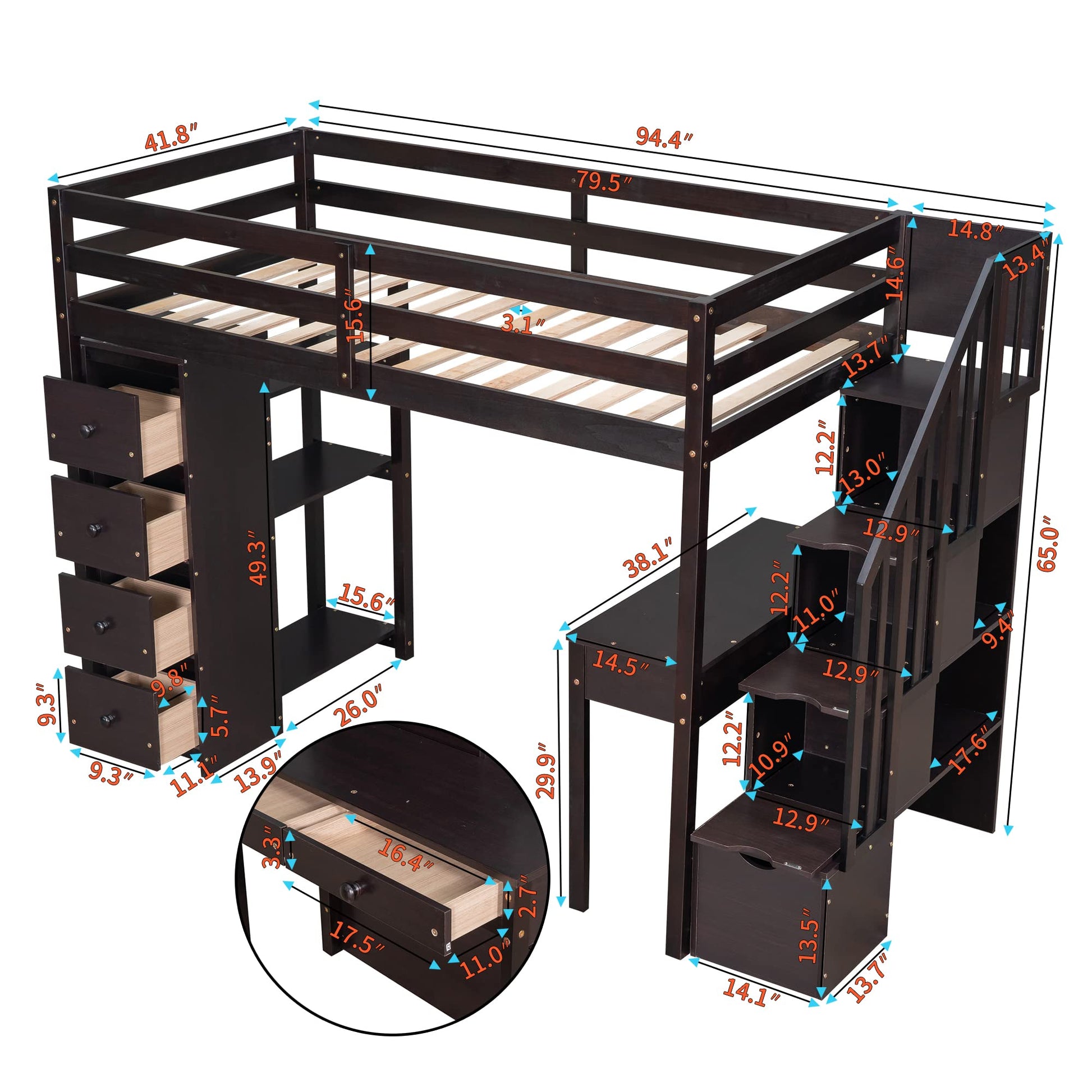 CITYLIGHT Espresso Twin Size Loft Bed with Desk, Storage Staircase, and Drawers - WoodArtSupply