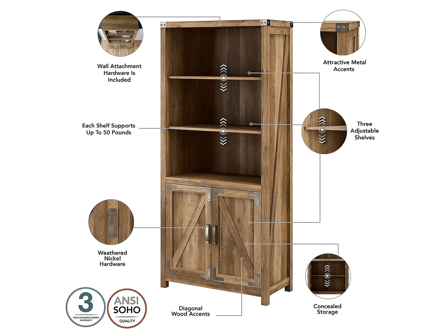 Kathy Ireland Home by Bush Cottage Grove 72-Inch Tall Bookcase with Doors in Reclaimed Pine - WoodArtSupply