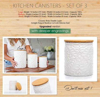 Engraved Ceramic Kitchen Canisters Set of 3 with 74 Oz, 36 Oz, and 18 Oz - White Storage Jars for Countertop with Airtight Bamboo Lids - Large Flour Tea Coffee Sugar Spices Container - Decorative